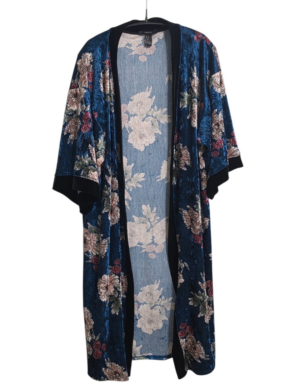 Forever 21 Teal Floral Crushed Velvet Kimono Duster S Oversized Whimsigoth Boho